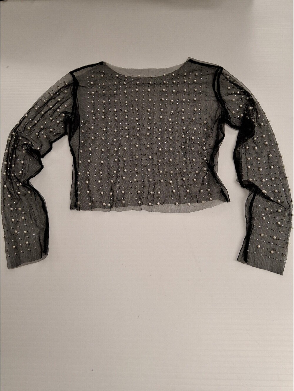 Black Sheer Long Sleeve Top with Pearl and diamond Embellishments